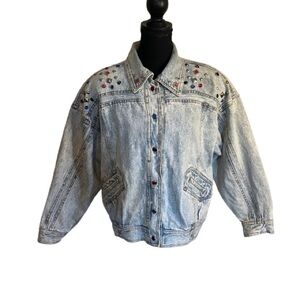 Vintage Braetan 1980s Denim Bomber Jacket Sz S Rhinestones Oversized Shoulderpad